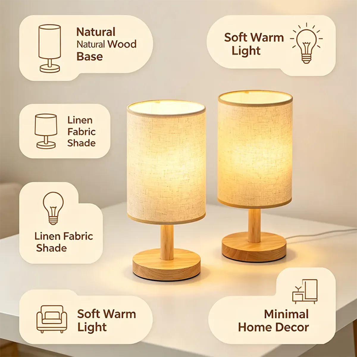 Chinese Style Dimmable LED Table Lamp - USB Plug, Fabric Shade, Bamboo Wood Base