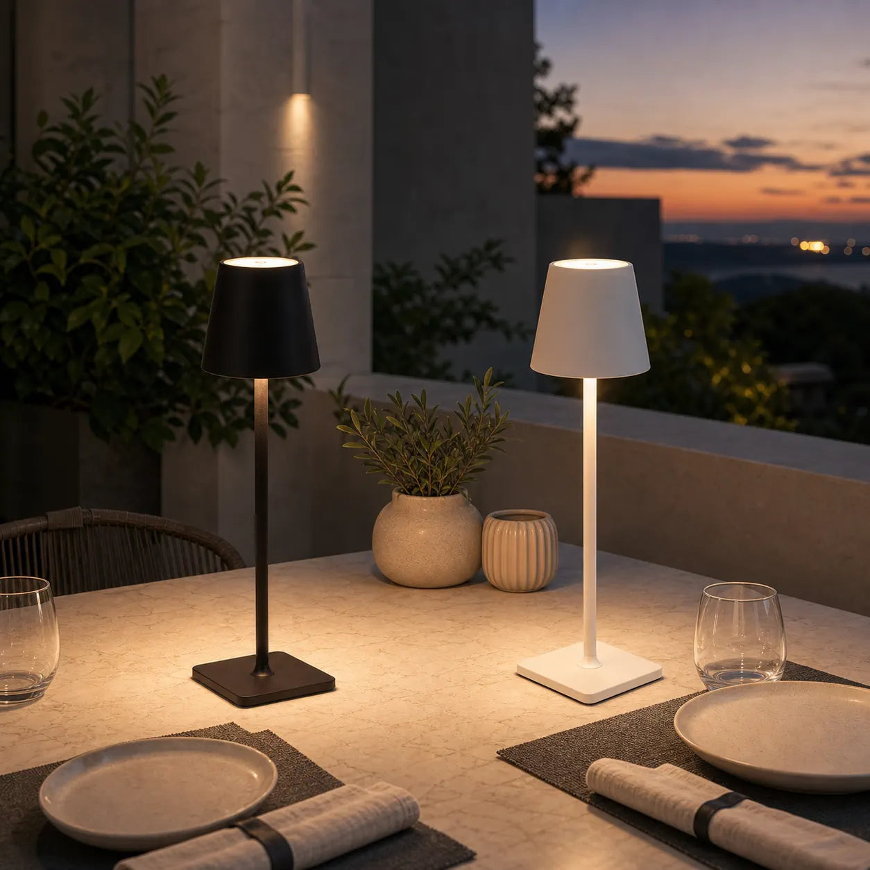 Sculptural Cordless LED Table Lamp - 3-Color Touch Dimming, USB-C Rechargeable, IP54 Waterproof