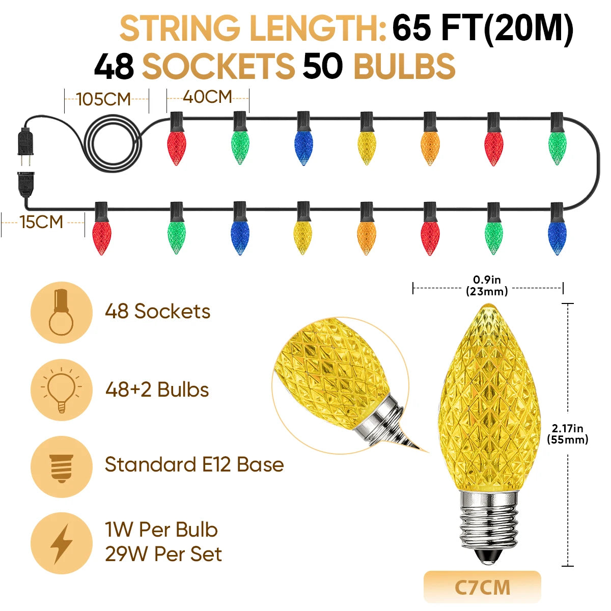 Bunte C7 LED-Lichterkette 110V/220V, wasserdicht, bruchsicher, für die Weihnachtsdekoration im Freien - Lumaz