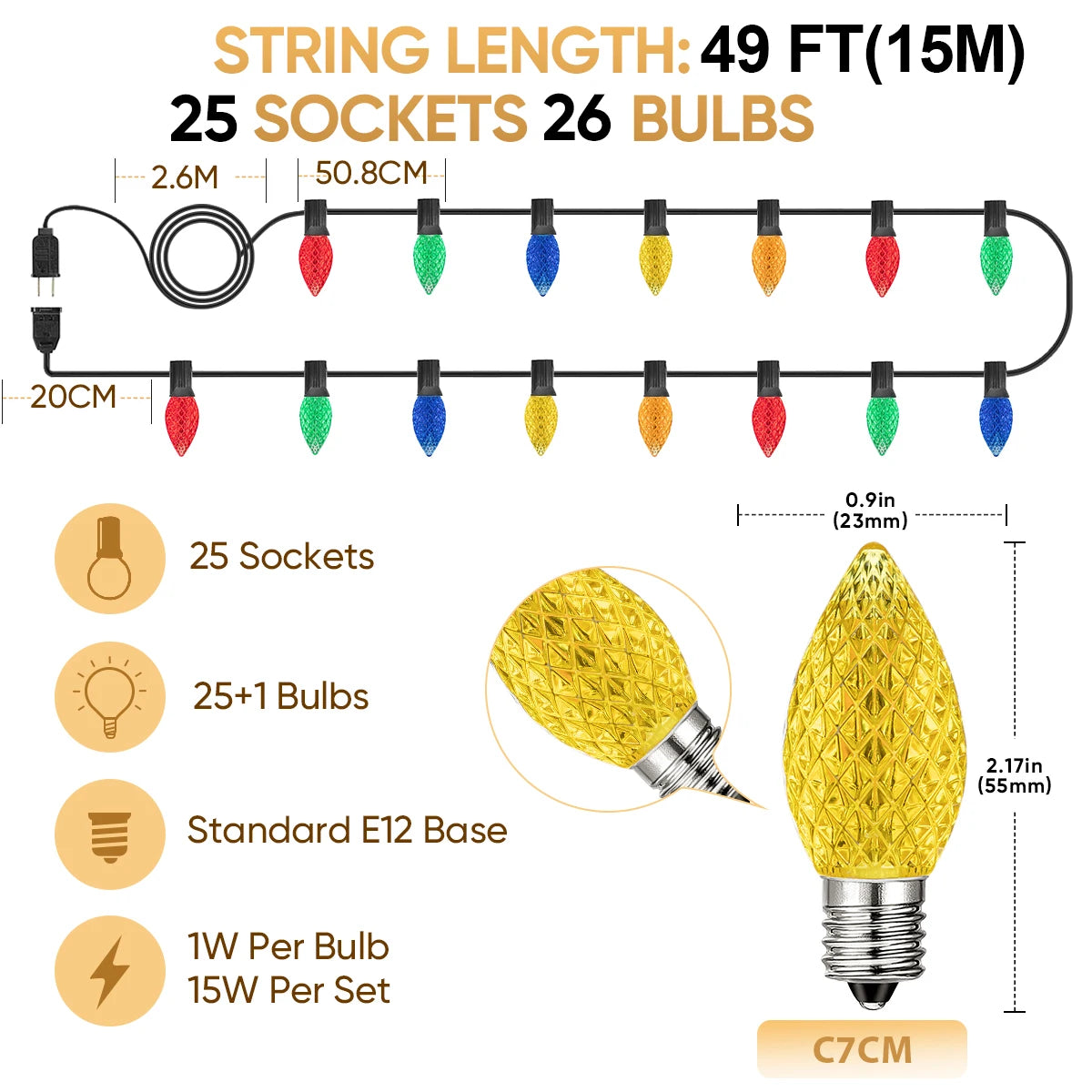 Bunte C7 LED-Lichterkette 110V/220V, wasserdicht, bruchsicher, für die Weihnachtsdekoration im Freien - Lumaz