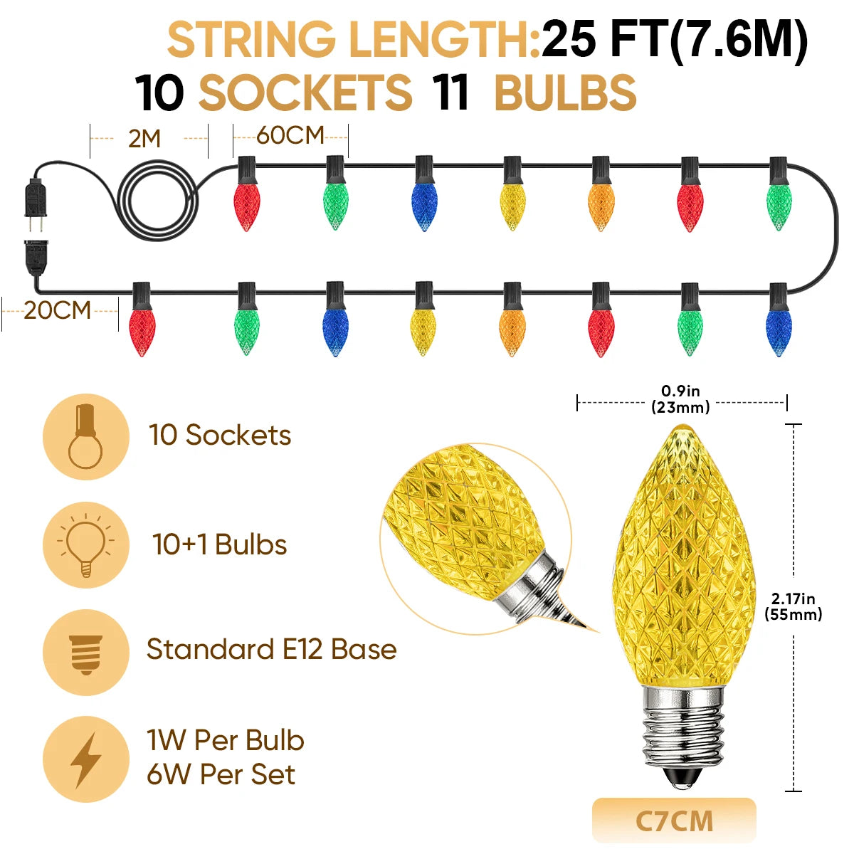 Bunte C7 LED-Lichterkette 110V/220V, wasserdicht, bruchsicher, für die Weihnachtsdekoration im Freien - Lumaz