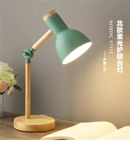 Creative Nordic Table Lamp Wooden Art Bedside LED Turn Head Desk Light