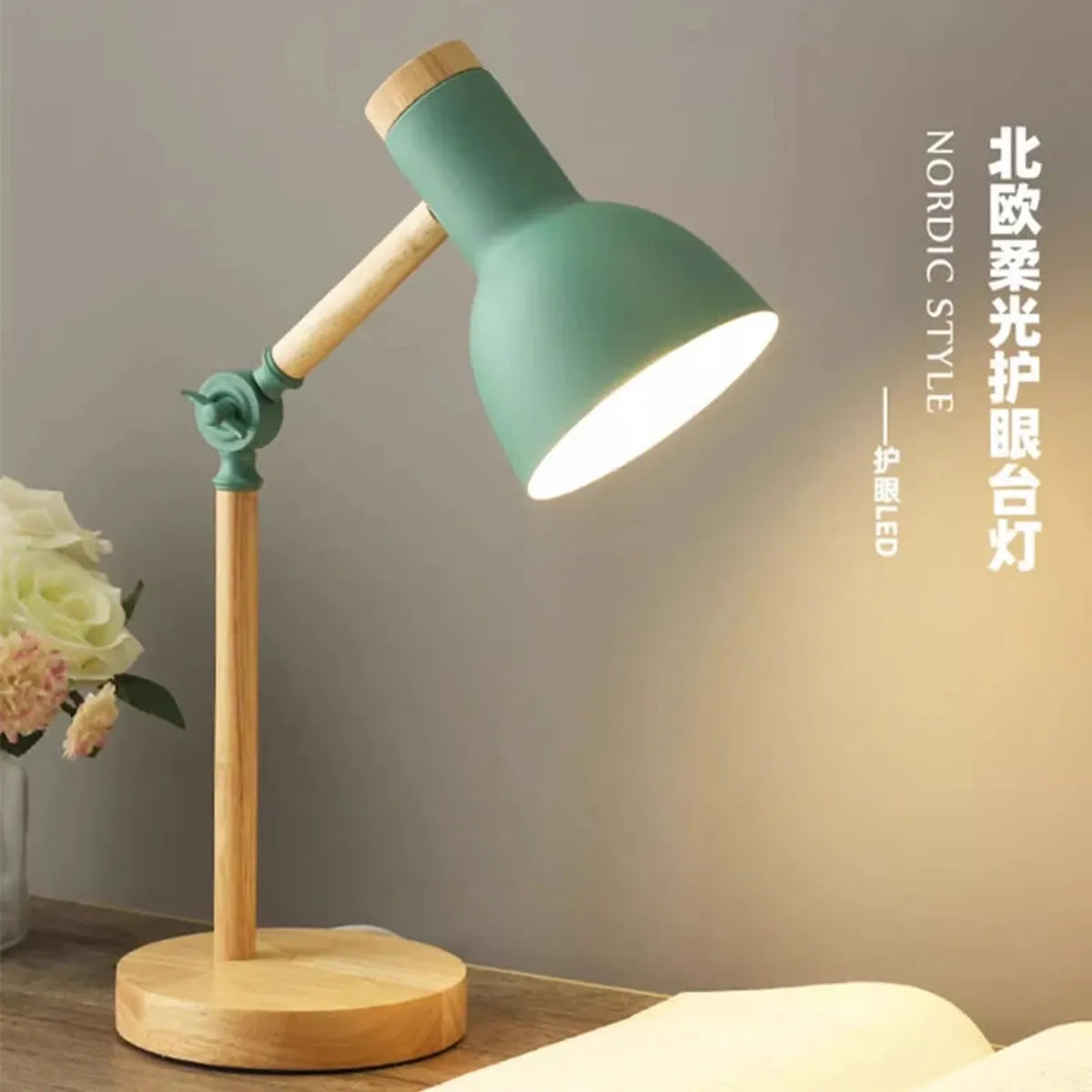 Creative Nordic Table Lamp Wooden Art Bedside LED Turn Head Desk Light