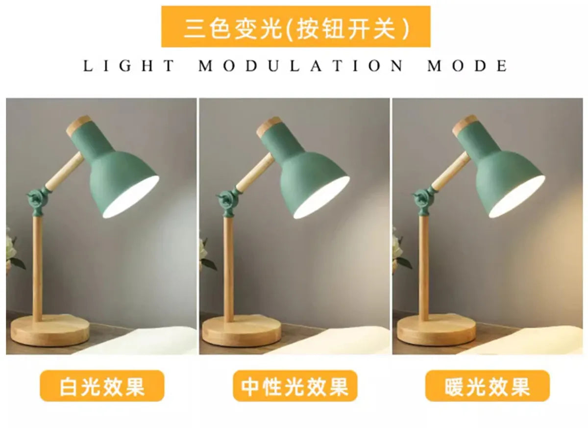 Creative Nordic Table Lamp Wooden Art Bedside LED Turn Head Desk Light