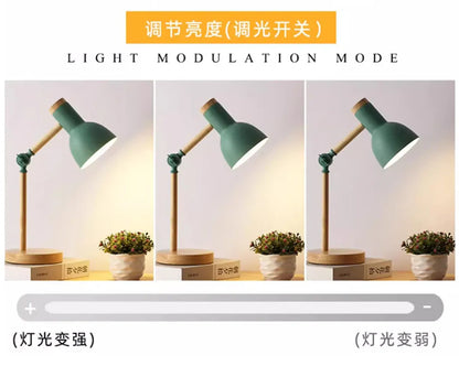 Creative Nordic Table Lamp Wooden Art Bedside LED Turn Head Desk Light