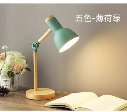 Creative Nordic Table Lamp Wooden Art Bedside LED Turn Head Desk Light