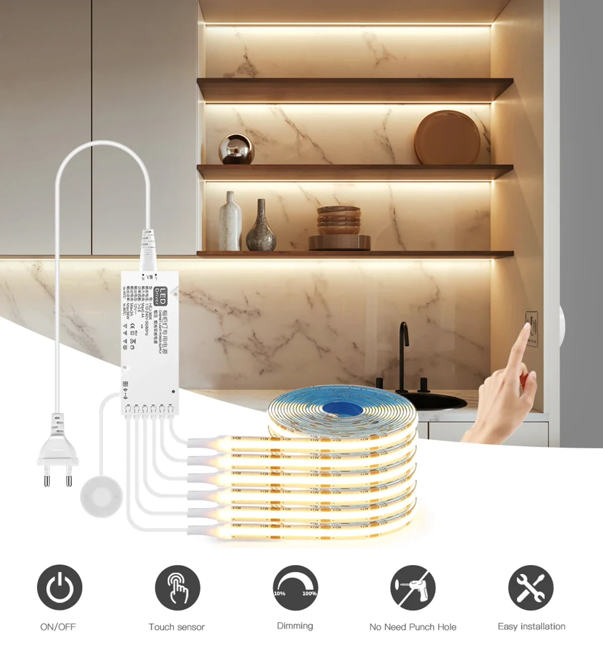 Dimmable Under Cabinet COB LED Strip Lights with Hand Touch Motion Sensor Switch
