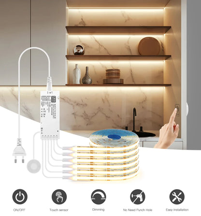 Dimmable Under Cabinet COB LED Strip Lights with Hand Touch Motion Sensor Switch