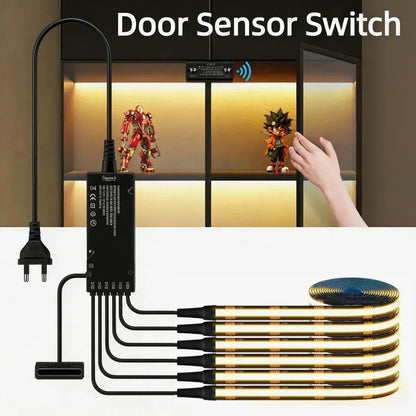 Double-Door Sensor COB LED Strip Light Kit - 320 LEDs/m for Cabinets, Black PCB