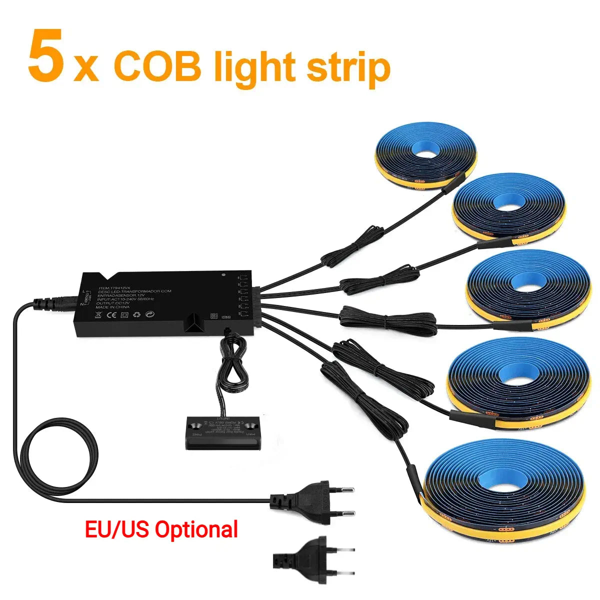Double-Door Sensor COB LED Strip Light Kit - 320 LEDs/m for Cabinets, Black PCB