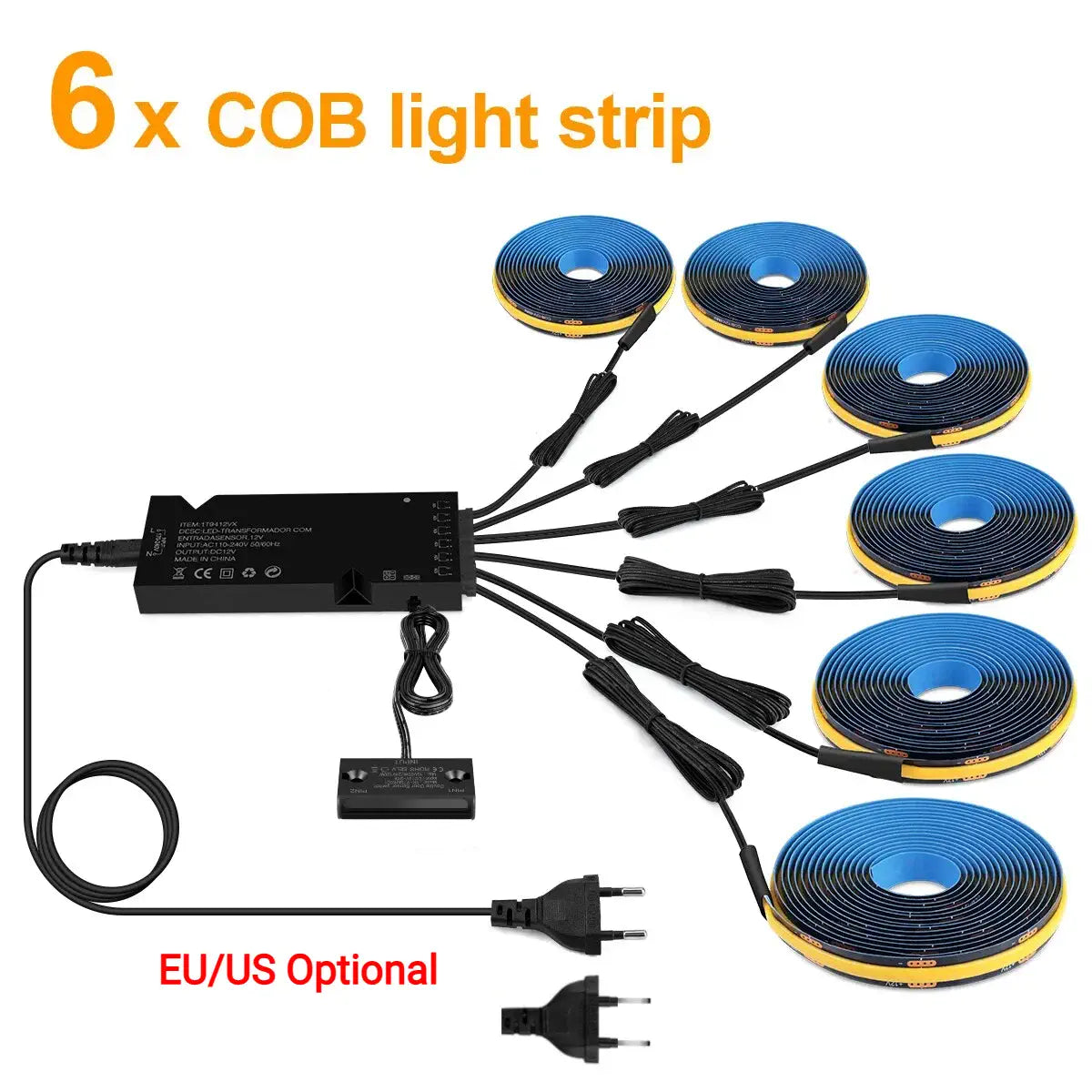 Double-Door Sensor COB LED Strip Light Kit - 320 LEDs/m for Cabinets, Black PCB