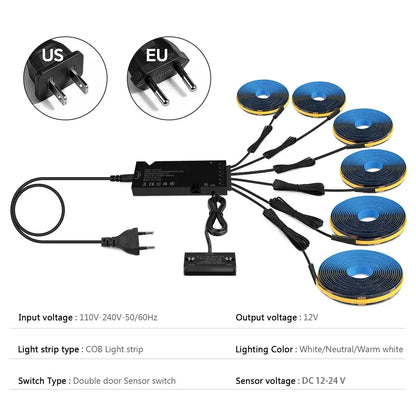 Double-Door Sensor COB LED Strip Light Kit - 320 LEDs/m for Cabinets, Black PCB