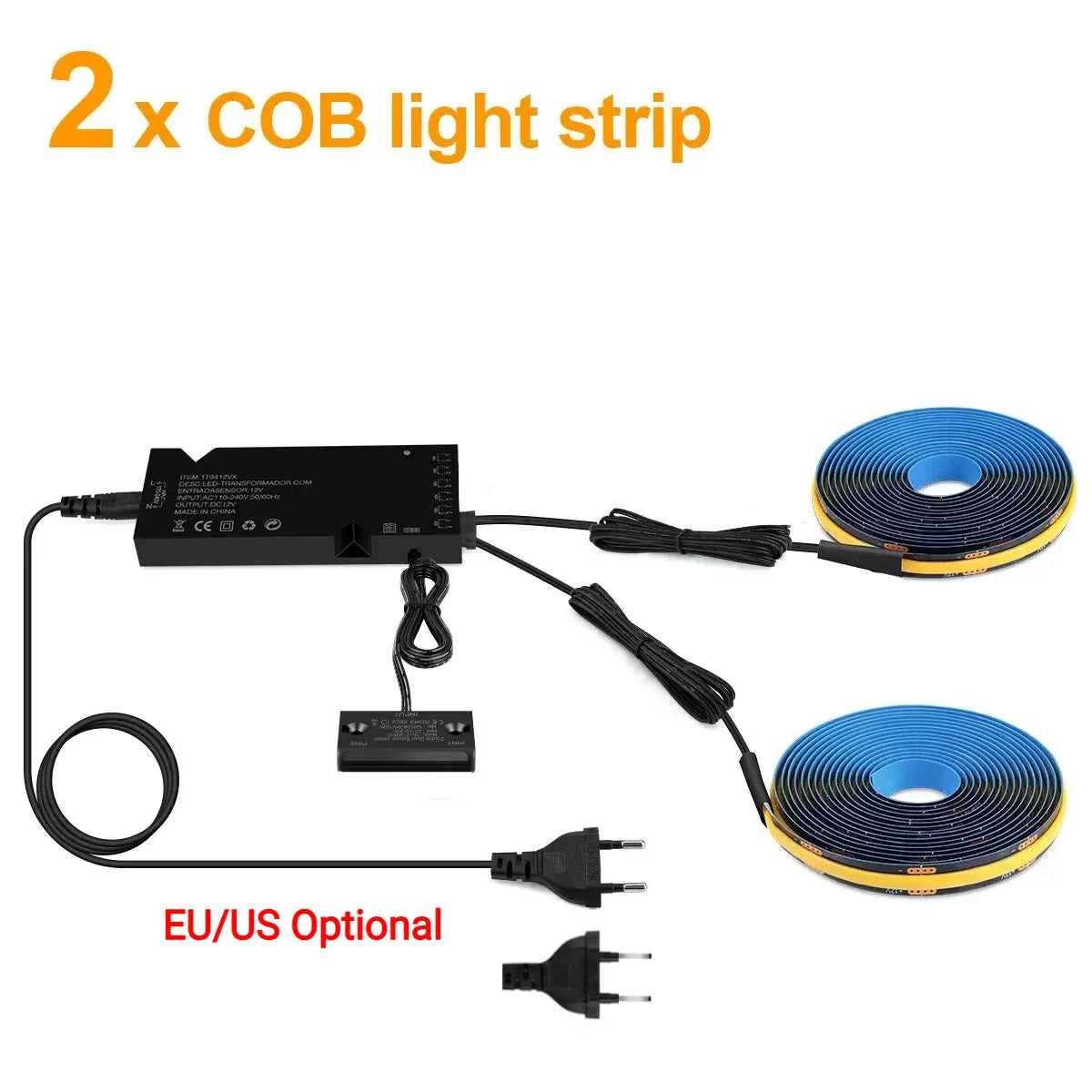 Double-Door Sensor COB LED Strip Light Kit - 320 LEDs/m for Cabinets, Black PCB
