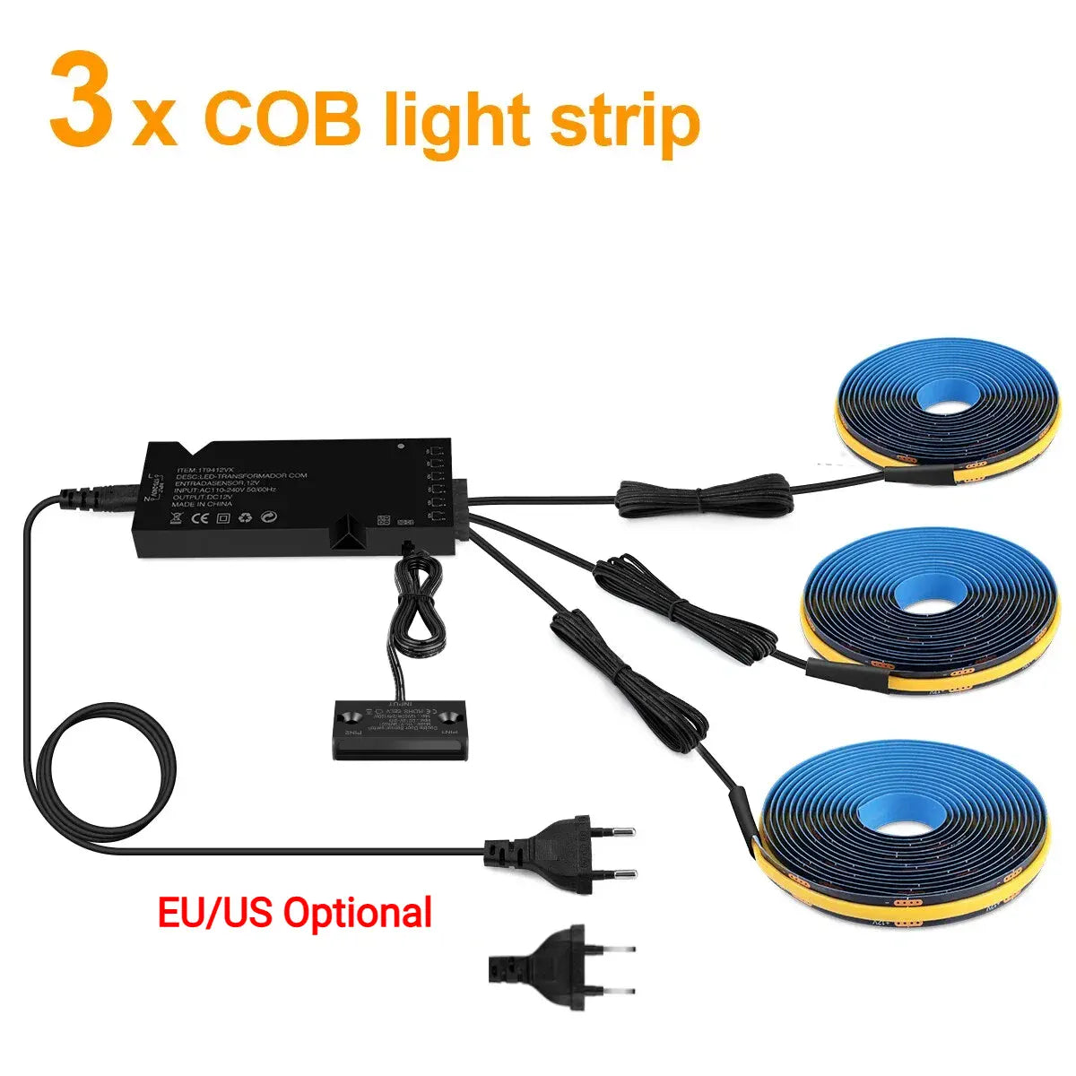 Double-Door Sensor COB LED Strip Light Kit - 320 LEDs/m for Cabinets, Black PCB