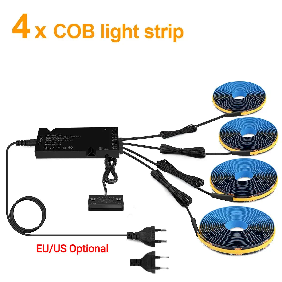 Double-Door Sensor COB LED Strip Light Kit - 320 LEDs/m for Cabinets, Black PCB