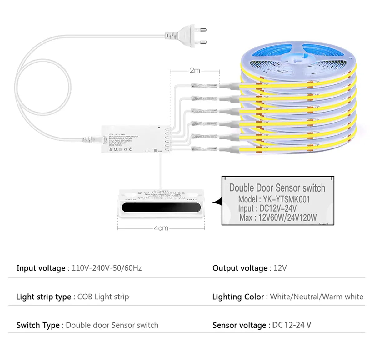Double-Door Sensor COB LED Strip Light Kit - 320 LEDs/m for Cabinets, White PCB