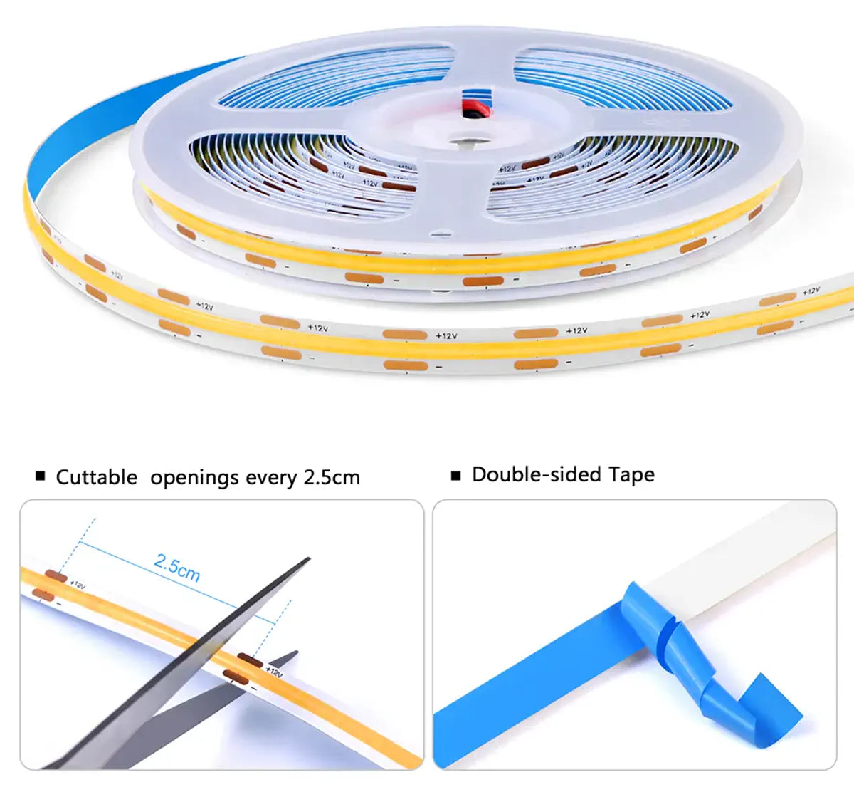 Double-Door Sensor COB LED Strip Light Kit - 320 LEDs/m for Cabinets, White PCB