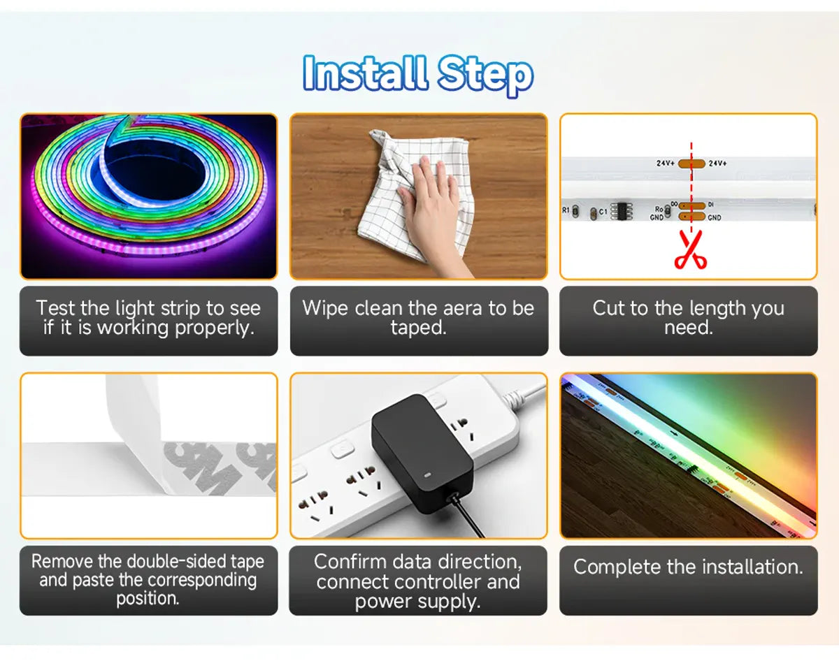 LED strip testing, cutting, connecting, and installation steps