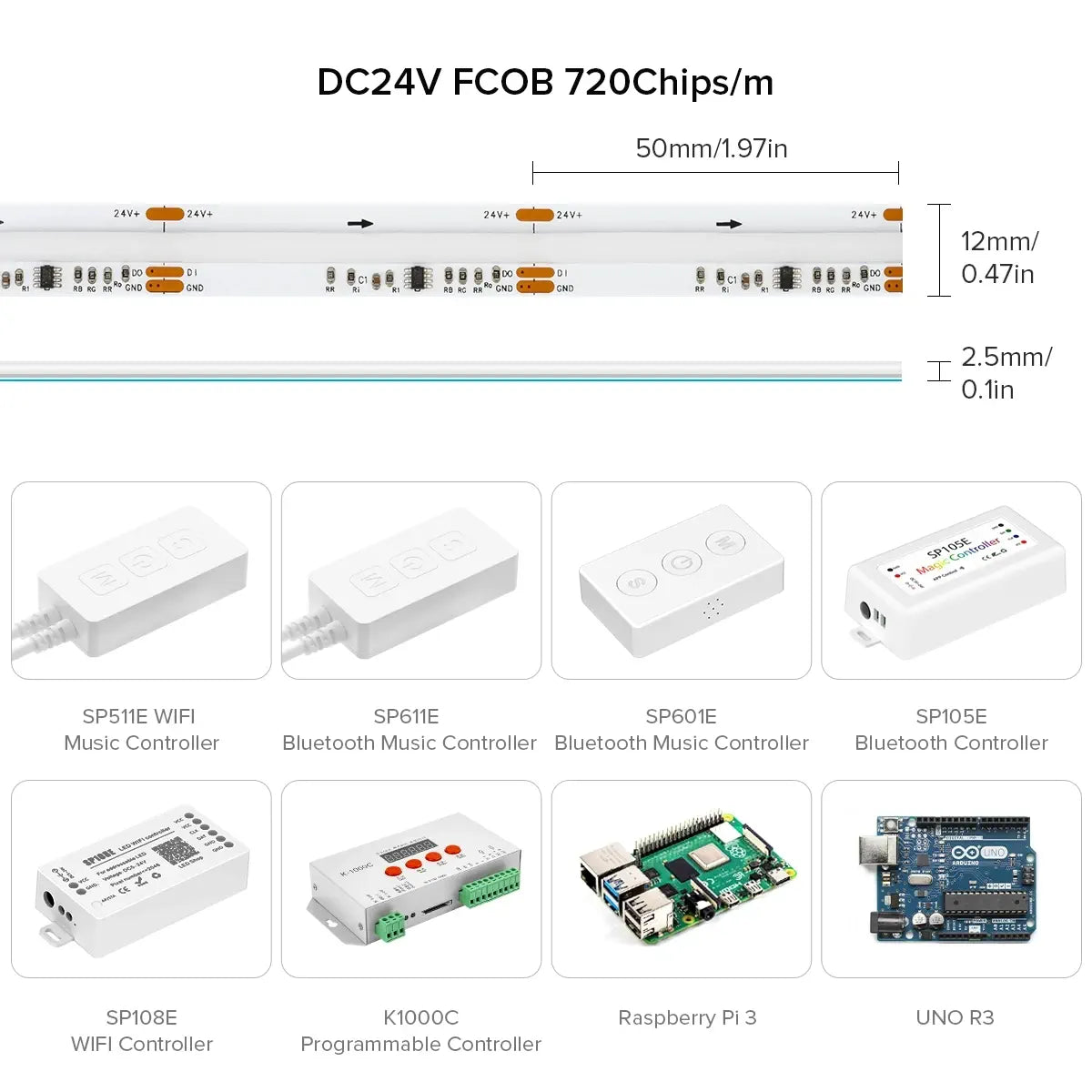 Dream Color RGBIC Addressable COB LED Strip - 630/720 LEDs/m, 12V/24V