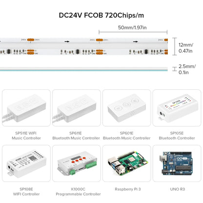 Dream Color RGBIC Addressable COB LED Strip - 630/720 LEDs/m, 12V/24V