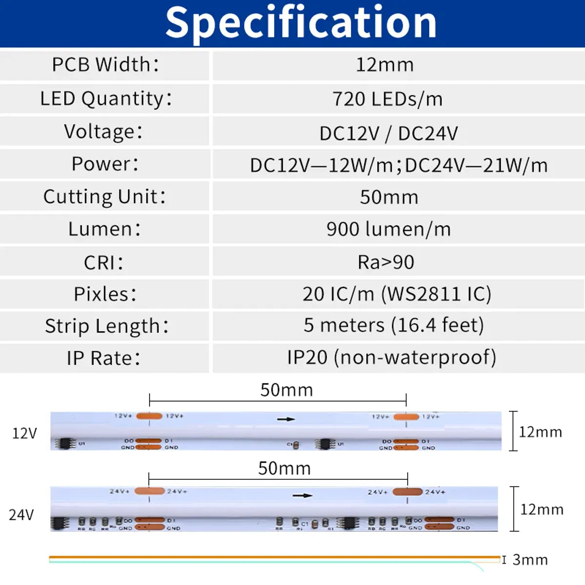 RGBIC Addressable COB LED Strip - WS2811, Dream Color 720 LEDs/m, 12V/24V, White PCB