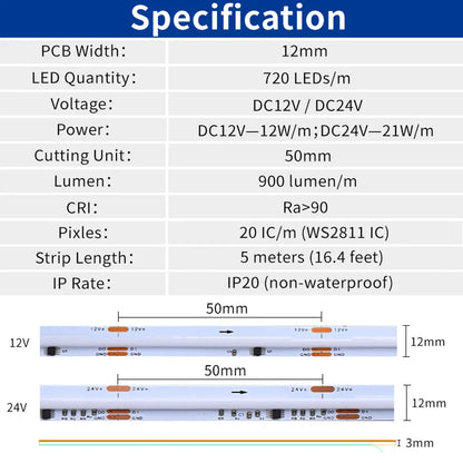 RGBIC Addressable COB LED Strip - WS2811, Dream Color 720 LEDs/m, 12V/24V, White PCB