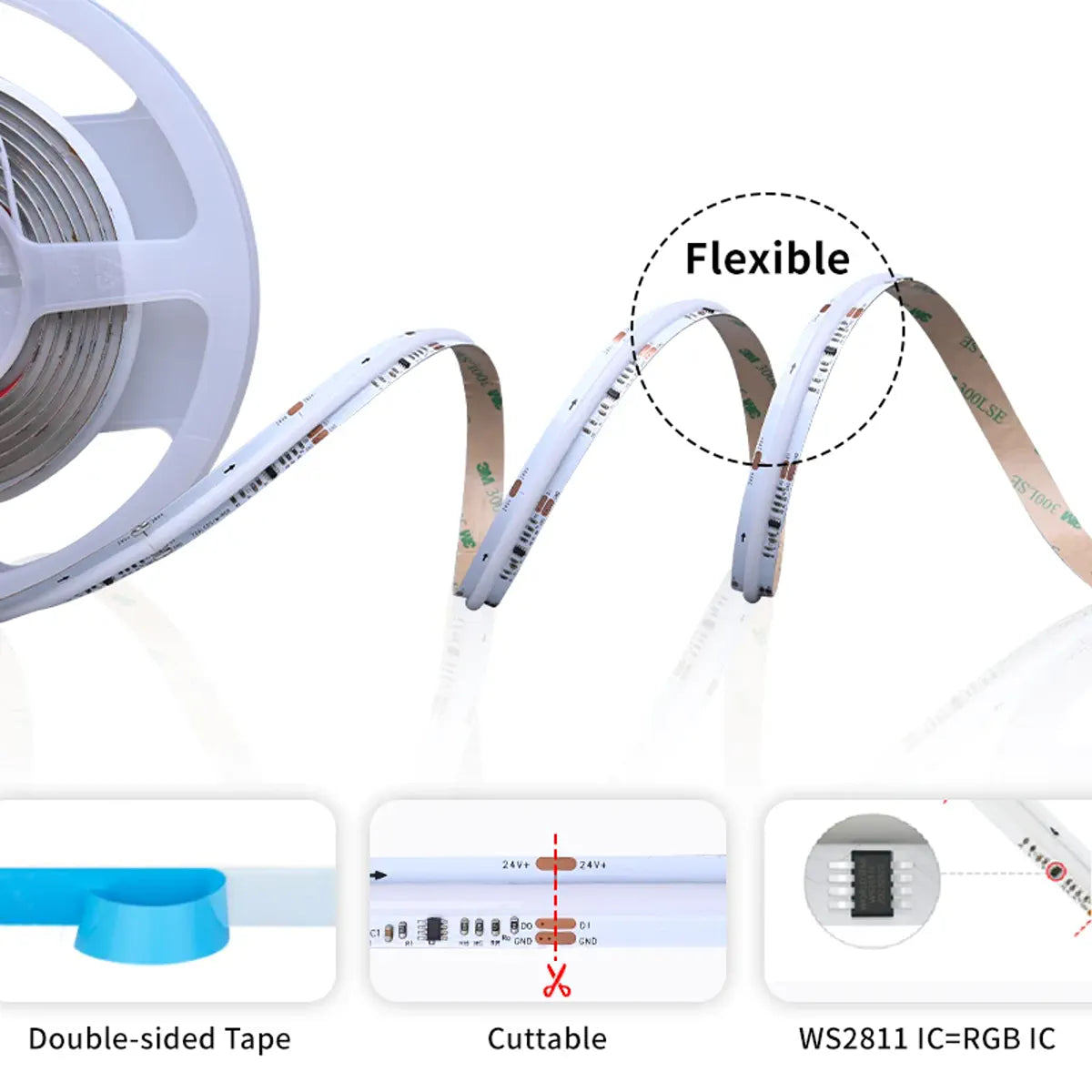 RGBIC Addressable COB LED Strip - WS2811, Dream Color 720 LEDs/m, 12V/24V, White PCB