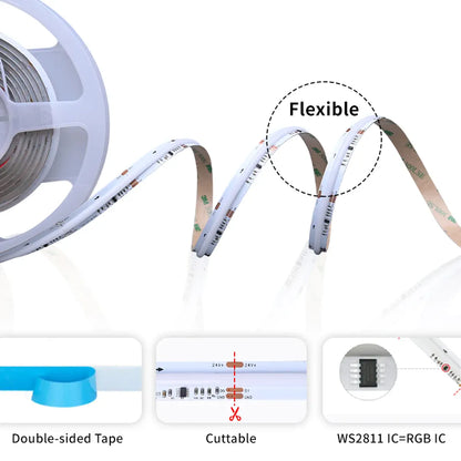 RGBIC Addressable COB LED Strip - WS2811, Dream Color 720 LEDs/m, 12V/24V, White PCB