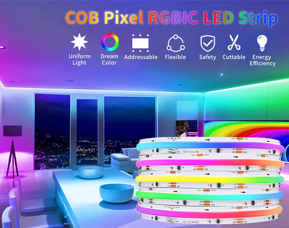 COB RGBIC strip features and lighting examples