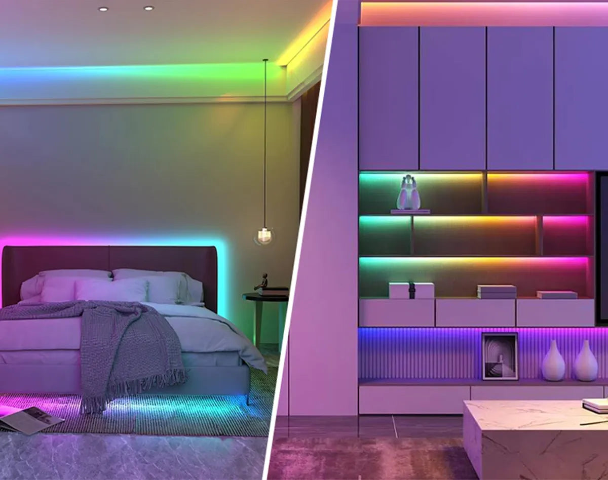 RGBIC strip lighting in room and display settings