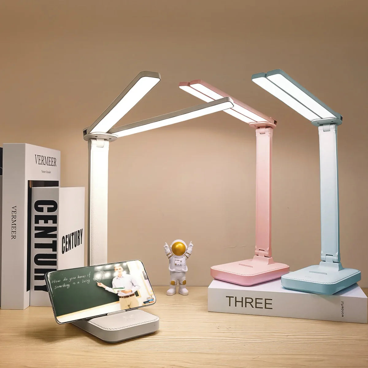 Dual-Head USB Desk Lamp - 3 Lighting Modes, Rechargeable, Stepless Dimmable