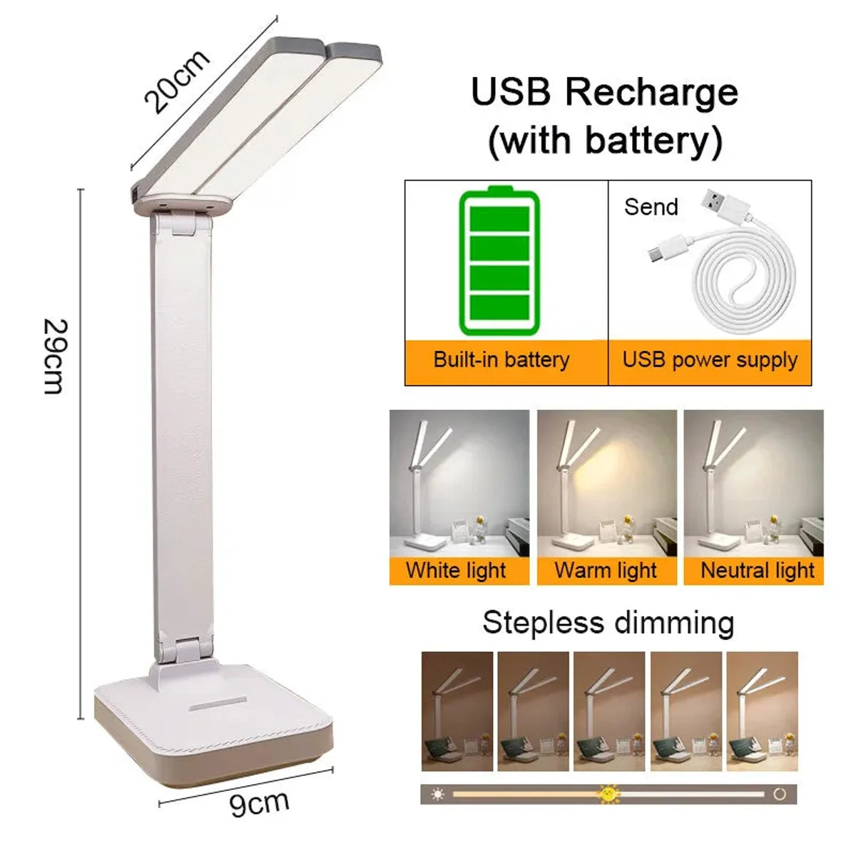 Dual-Head USB Desk Lamp - 3 Lighting Modes, Rechargeable, Stepless Dimmable