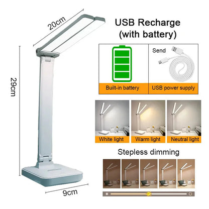 Dual-Head USB Desk Lamp - 3 Lighting Modes, Rechargeable, Stepless Dimmable