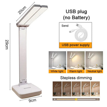 Dual-Head USB Desk Lamp - 3 Lighting Modes, Rechargeable, Stepless Dimmable