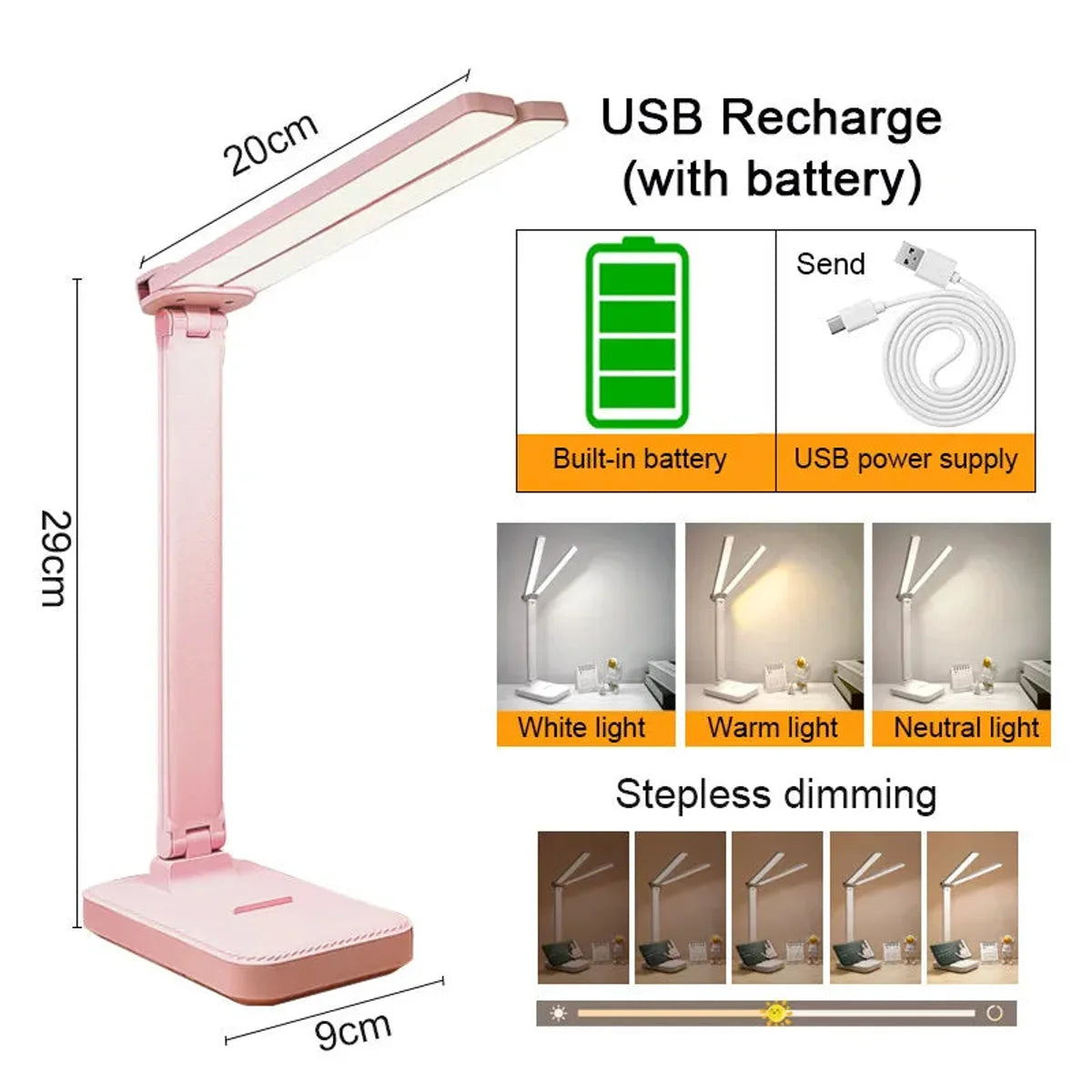 Dual-Head USB Desk Lamp - 3 Lighting Modes, Rechargeable, Stepless Dimmable