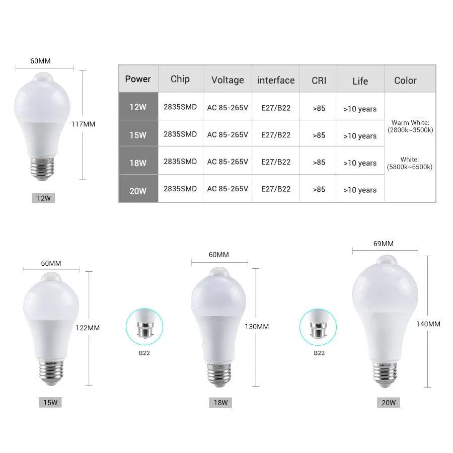 E27 LED Motion Sensor Bulb LED Lamp B22 PIR Sensor Light Bulb - Lumaz