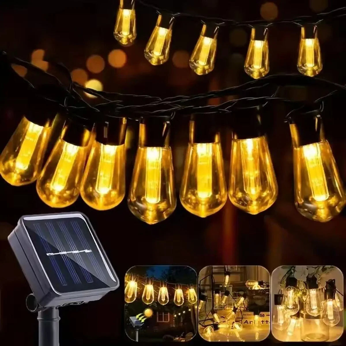 Edison-Style Solar String Lights - Shatterproof Bulbs, 8 Modes
