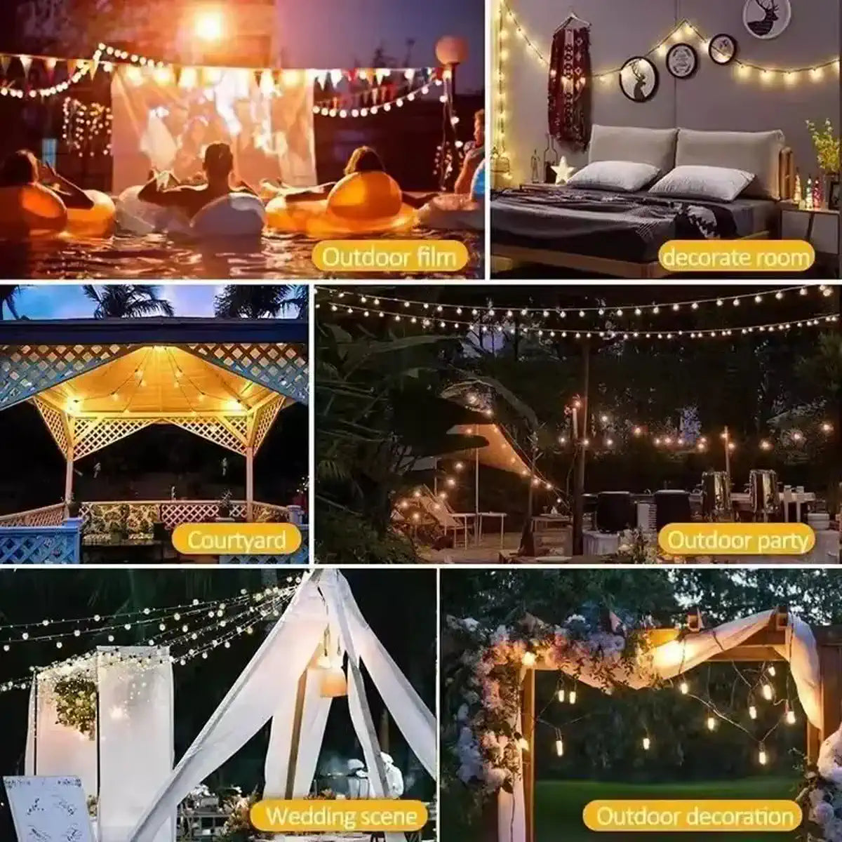 String lights in indoor and outdoor scene examples
