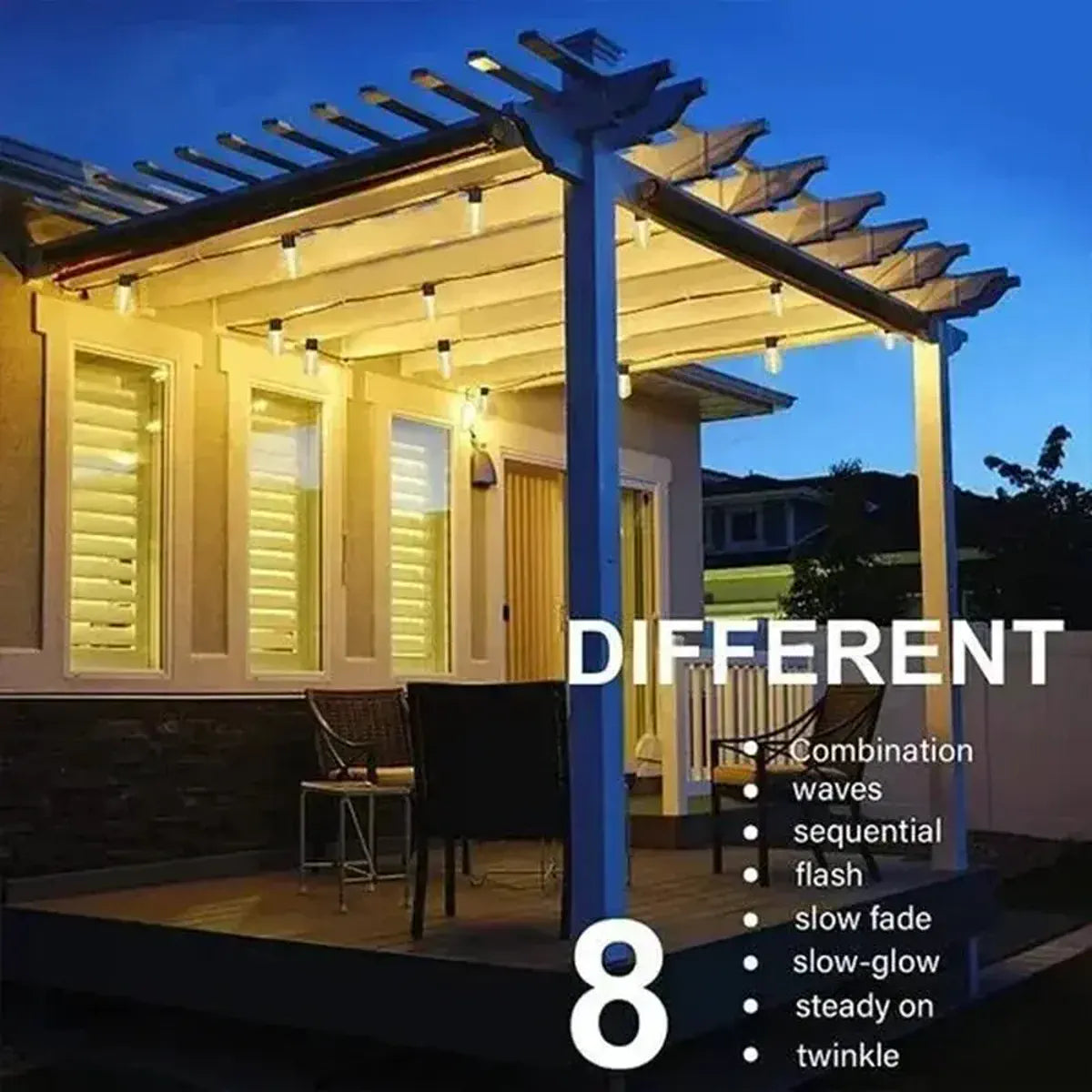 Solar bulb lighting modes along a pergola