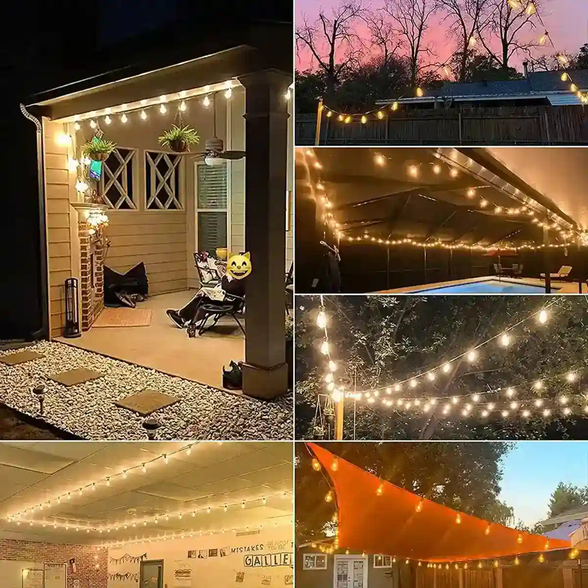 Warm solar bulb lights across outdoor patios and canopies