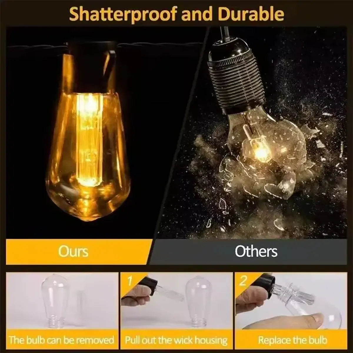 Edison-Style Solar String Lights - Shatterproof Bulbs, 8 Modes