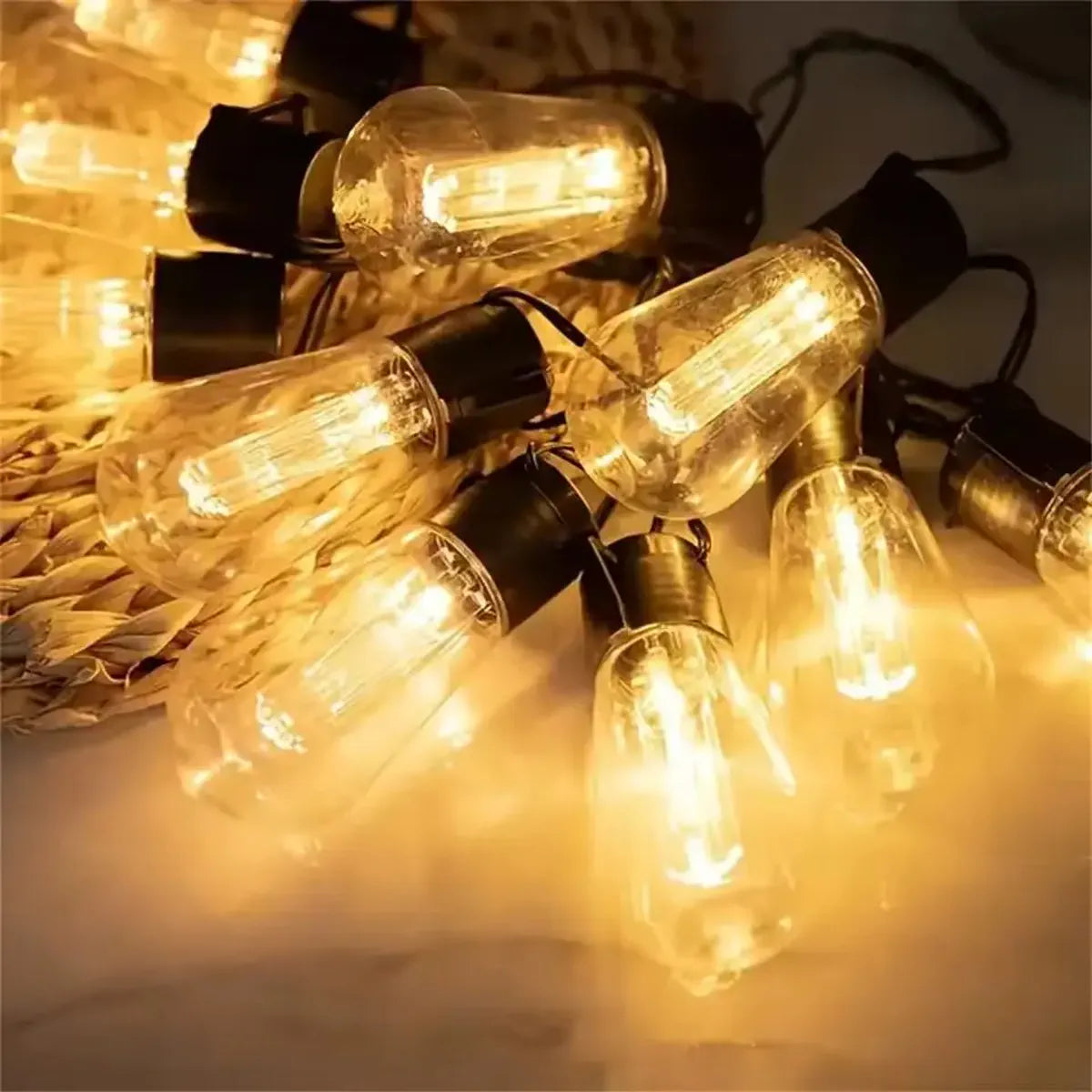 Warm solar bulbs glowing together in a close-up
