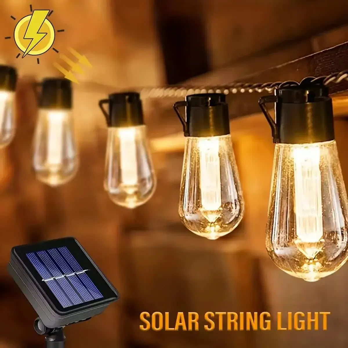 Warm solar Edison-style string lights with a separate panel