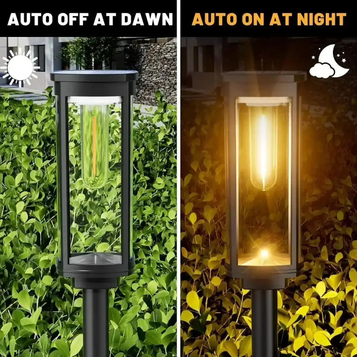 Solar pathway lantern shown unlit by day and lit at night