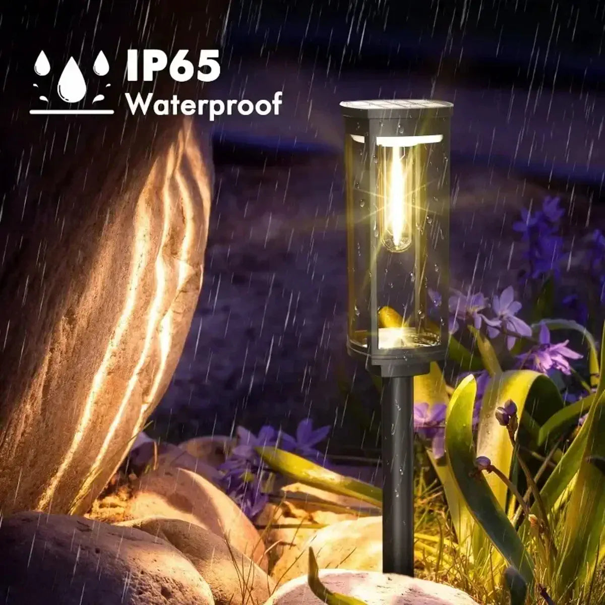 Solar pathway light shown in rainy outdoor conditions