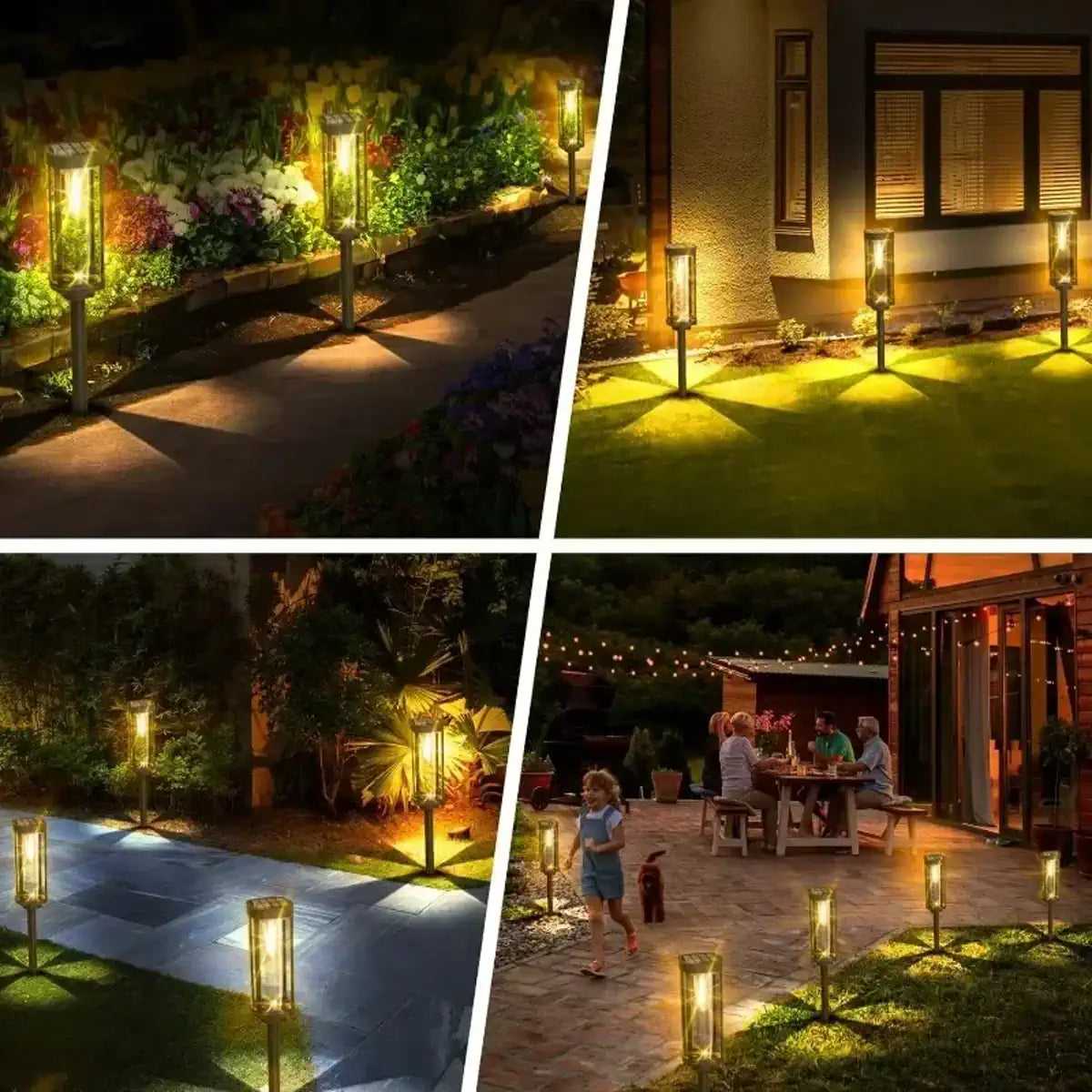 Solar lantern lights along garden paths and outdoor seating