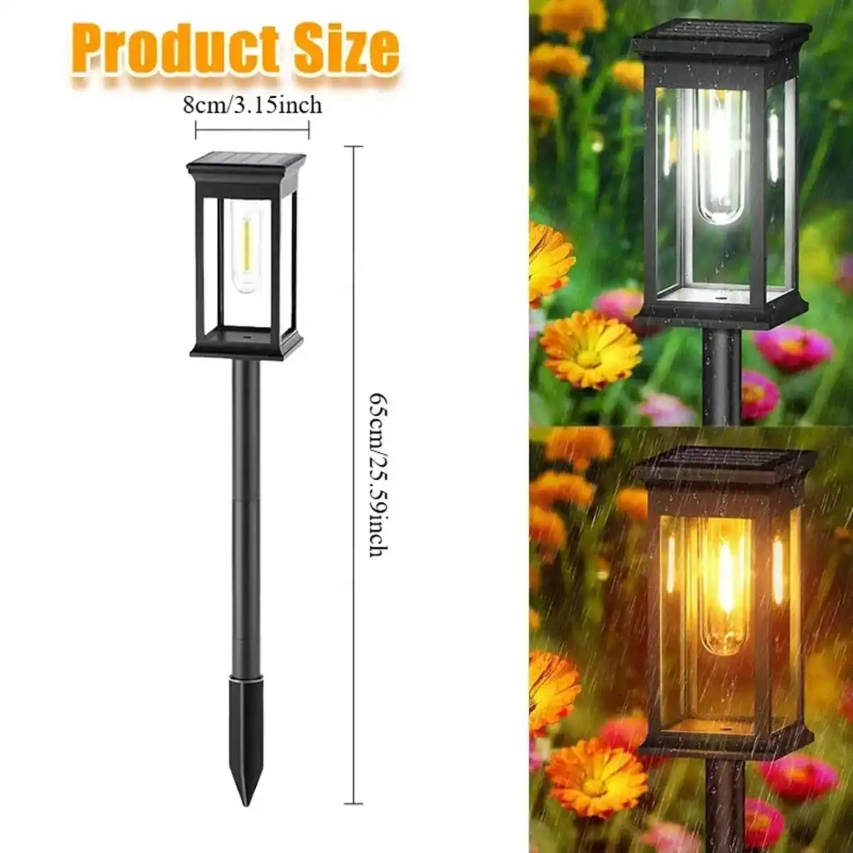 Solar pathway light dimensions, 8 cm wide and 65 cm tall