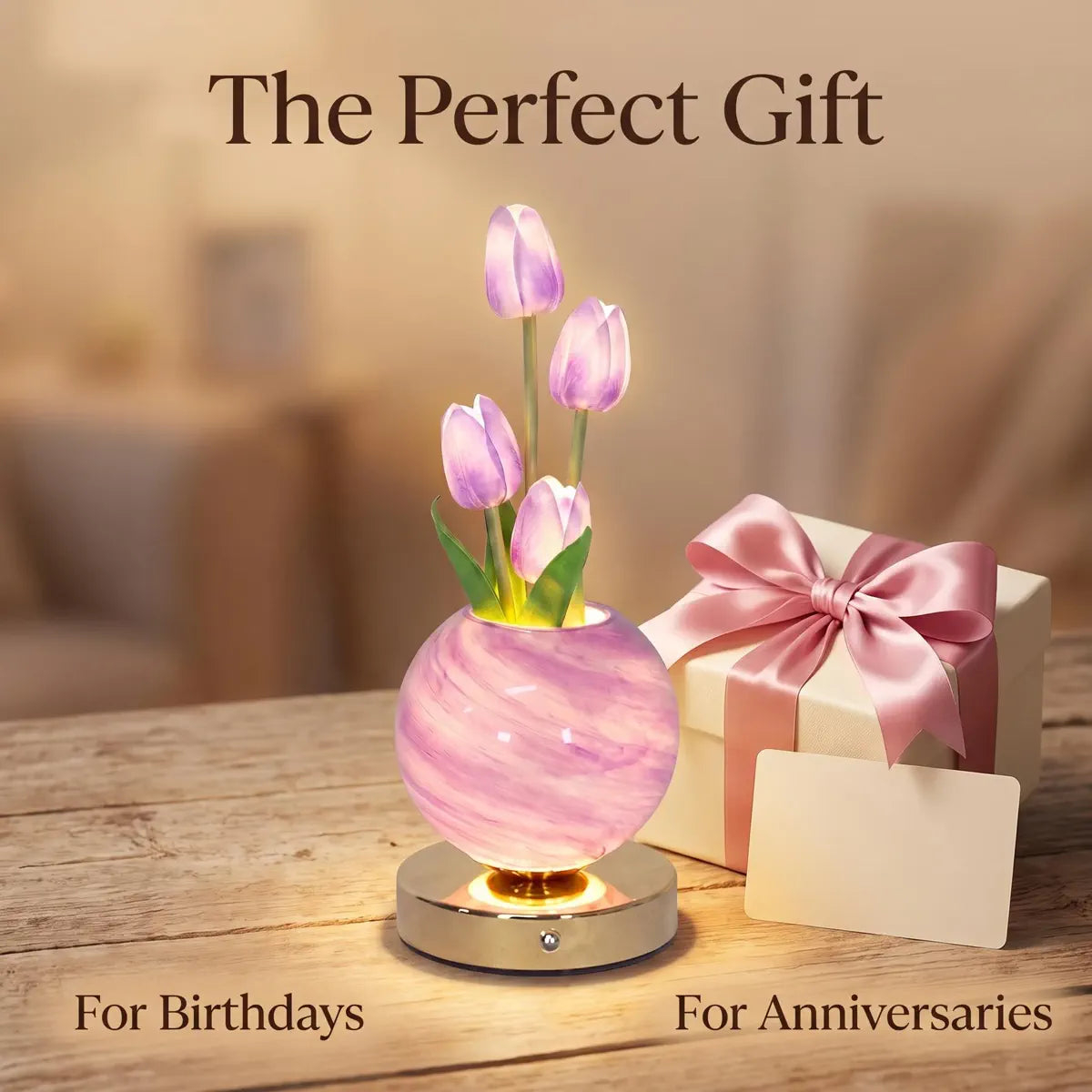Glowing Tulip Bouquet Table Lamp - 3-Color Dimming, USB Rechargeable