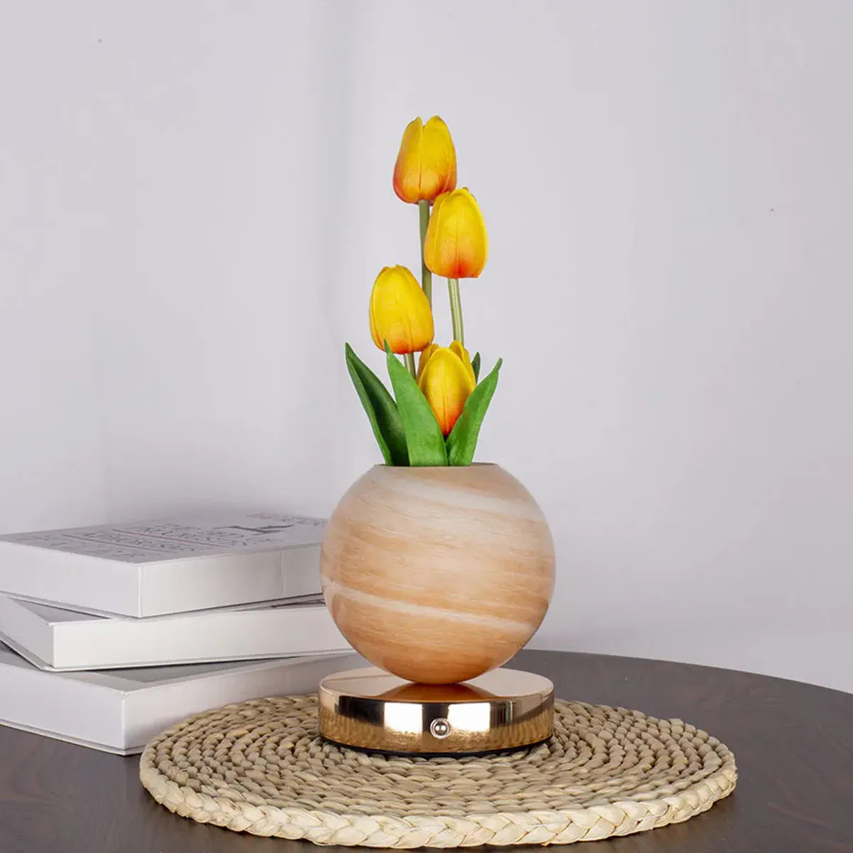 Unlit orange tulip bouquet table lamp