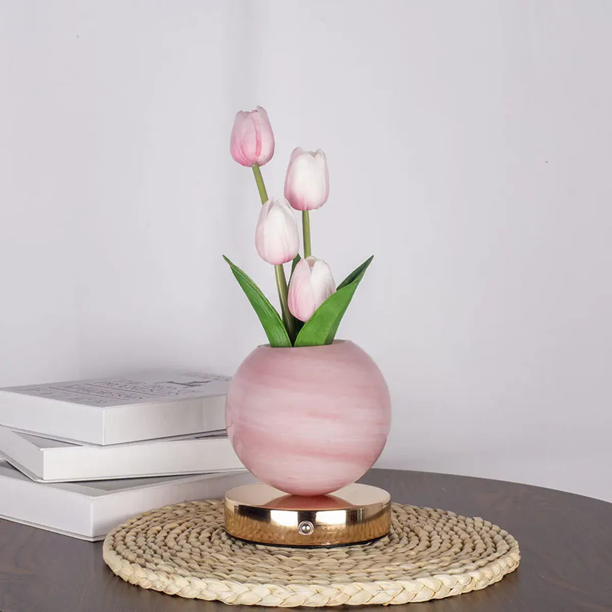 Unlit pink tulip bouquet table lamp